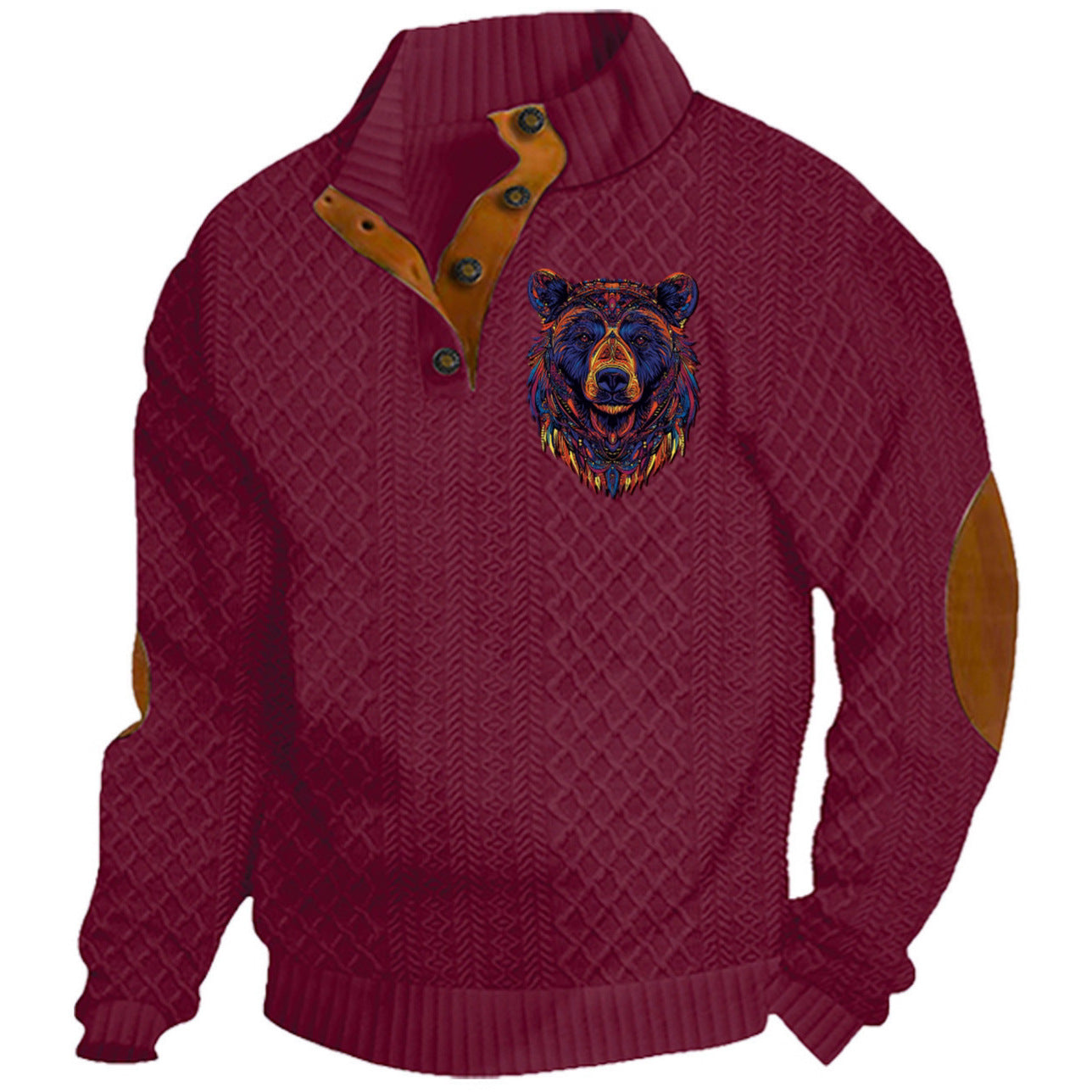 Herren nan Heritage-Strukturpullover mit Stehkragen Lederimitat-Besatz Ellenbogen-Patches und Halbknopfleiste R&B
