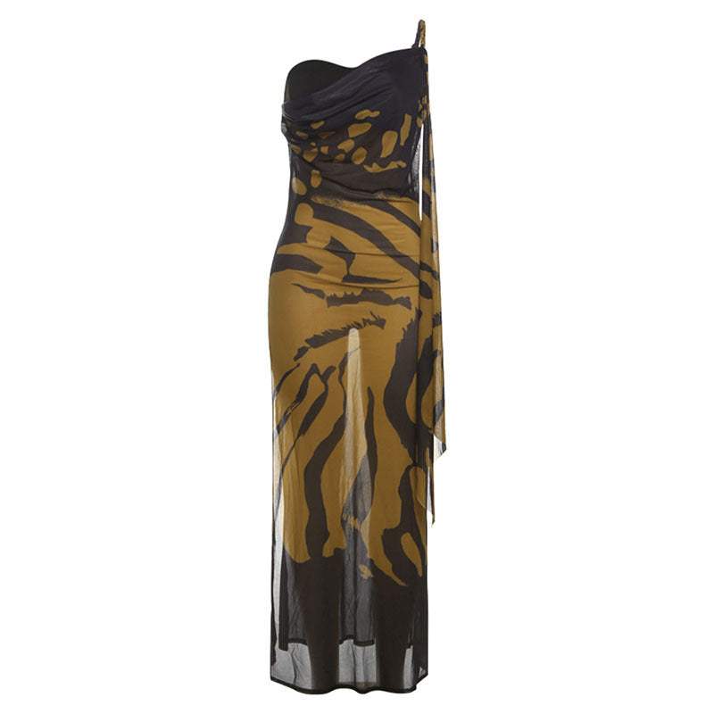 Damen Elegantes ärmelloses Maxikleid mit asymmetrischem Schnitt und tierischem Muster R&B