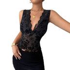Damen nan figurbetontes Spitzenbody mit tiefem V-Ausschnitt, floraler Samtstruktur und Tüllbesatz R&B