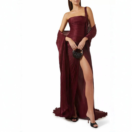 Damen Elegantes Maxi-Kleid mit asymmetrischem Schnitt und Plissierungen R&B