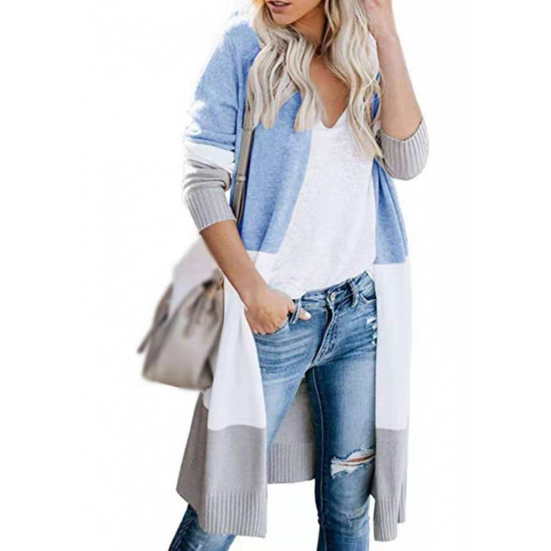 Damen lässiger Strickcardigan mit modernen Farbblockdetails und langen Ärmeln R&B