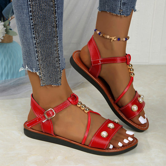 Damen Sandalen mit modischen Perlenapplikationen und verstellbarem Riemendesign R&B