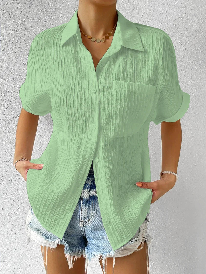 Damen lässige kurzärmlige Bluse mit Struktur und Brusttasche R&B