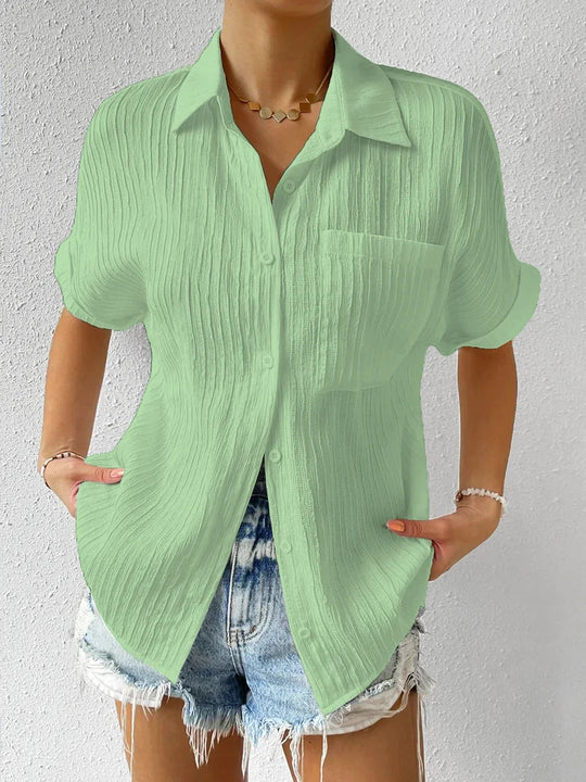 Damen lässige kurzärmlige Bluse mit Struktur und Brusttasche R&B