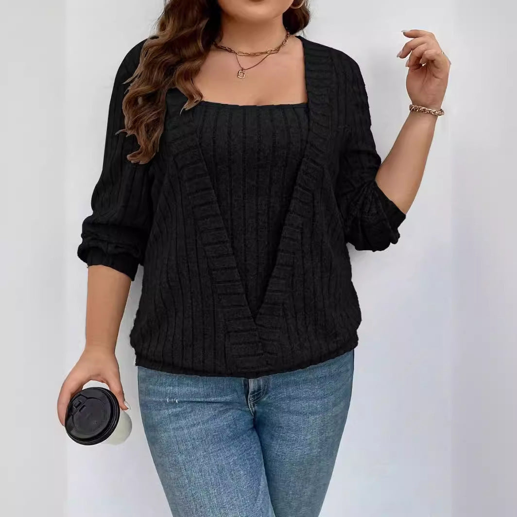 Damen lässiger Strickpullover mit tiefem V-Ausschnitt und Rippstruktur R&B