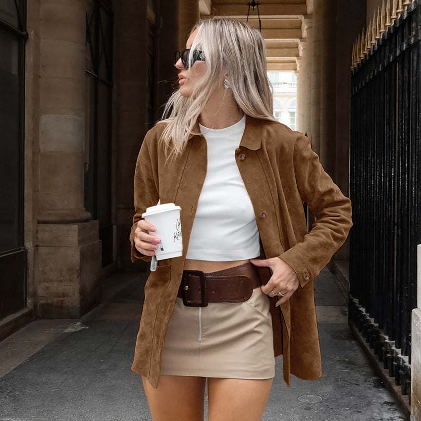 Damen Modische Wildlederjacke mit Druckknopfverschluss und praktischen Taschen R&B