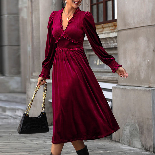 Damen elegantes Langarm-Wickelkleid mit Rüschendetails und hohem Rücken R&B