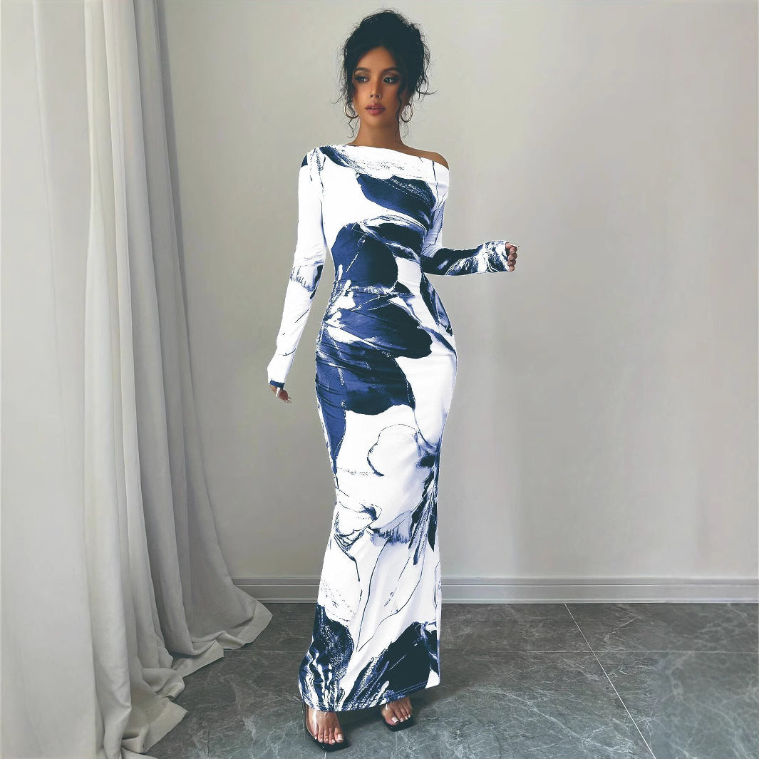 Damen Elegantes Maxikleid mit asymmetrischem Design und modernem Druck R&B
