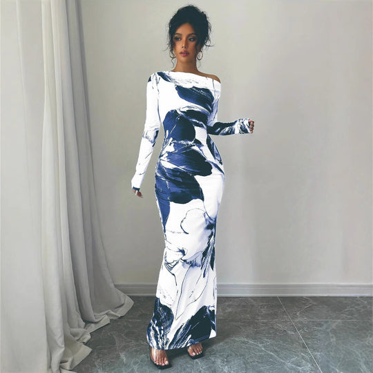 Damen Elegantes Maxikleid mit asymmetrischem Design und modernem Druck R&B