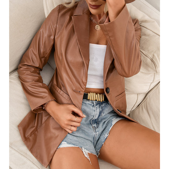 Damen elegante Kunstlederblazerjacke im zeitlosen Schnitt R&B
