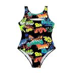 Damen Einteiler Badeanzug mit kreativem Graffiti-Muster und modernem Cut-Out