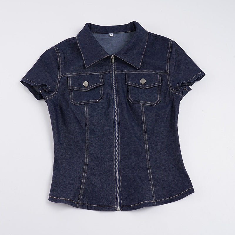 Damen Kurzarm Denim-Bluse mit modischer Zip-Detailierung und Brusttaschen R&B