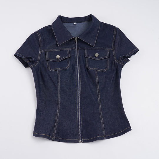 Damen Kurzarm Denim-Bluse mit modischer Zip-Detailierung und Brusttaschen R&B