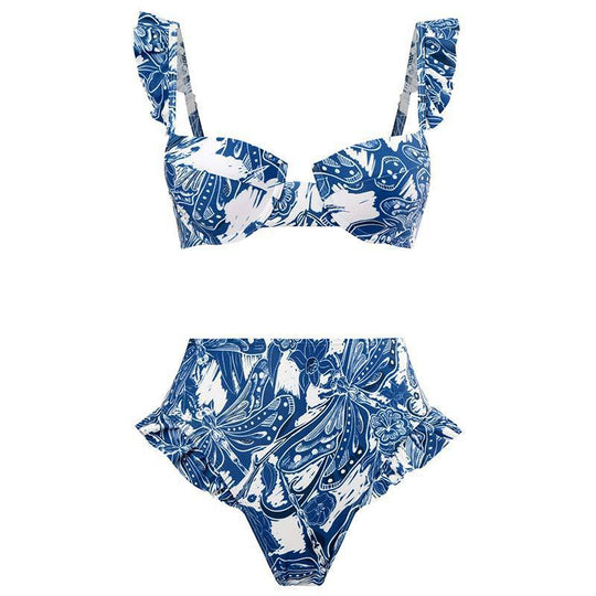 Damen Bikini-Set mit rüschenverziertem Oberteil und hoch taillierter Hose R&B