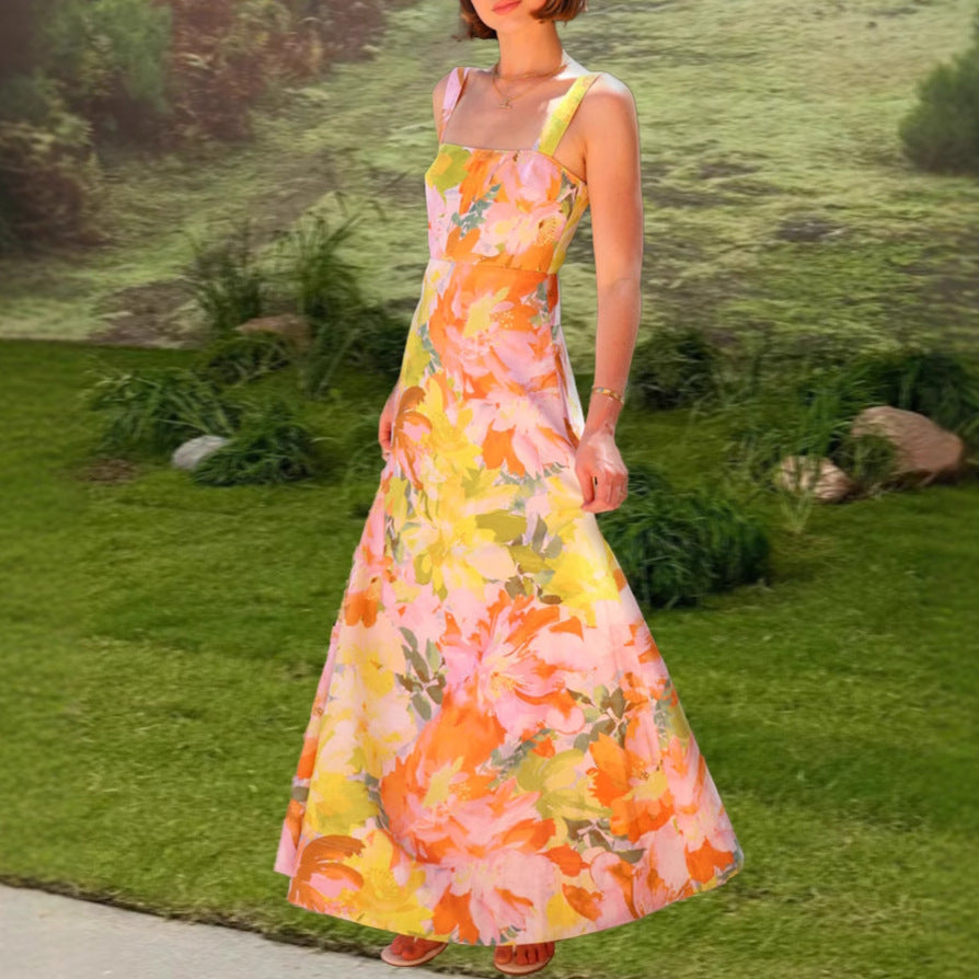 Damen Maxikleid mit floralem Muster und schmalen Trägern R&B