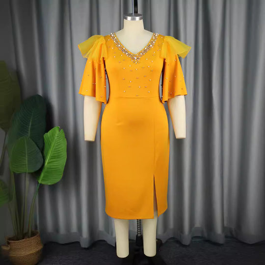 Damen elegantes Schimmerndes Midi-Kleid mit Volantrüsche und Glamourösen Akzenten R&B