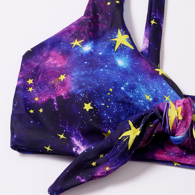 Damen Triangel-Bikini mit buntem Galaxienmuster und verspieltem Knoten R&B