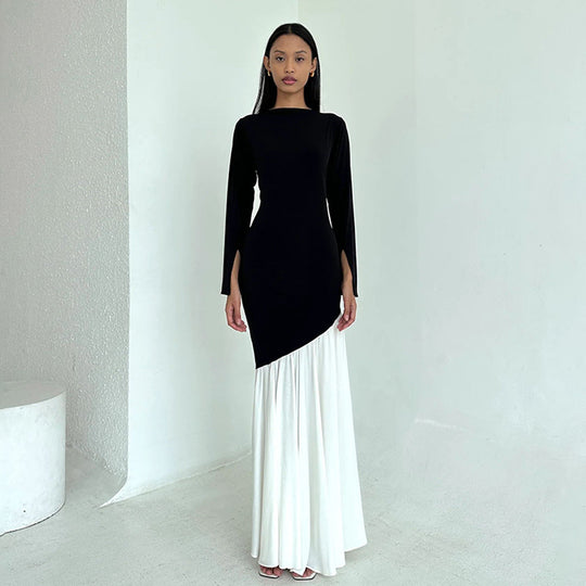 Damen elegantes, asymmetrisches Maxikleid mit langen Ärmeln und farblichen Kontrasten R&B