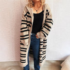 Damen gemütlicher Strickcardigan mit modischem Streifenmuster und Kapuze R&B