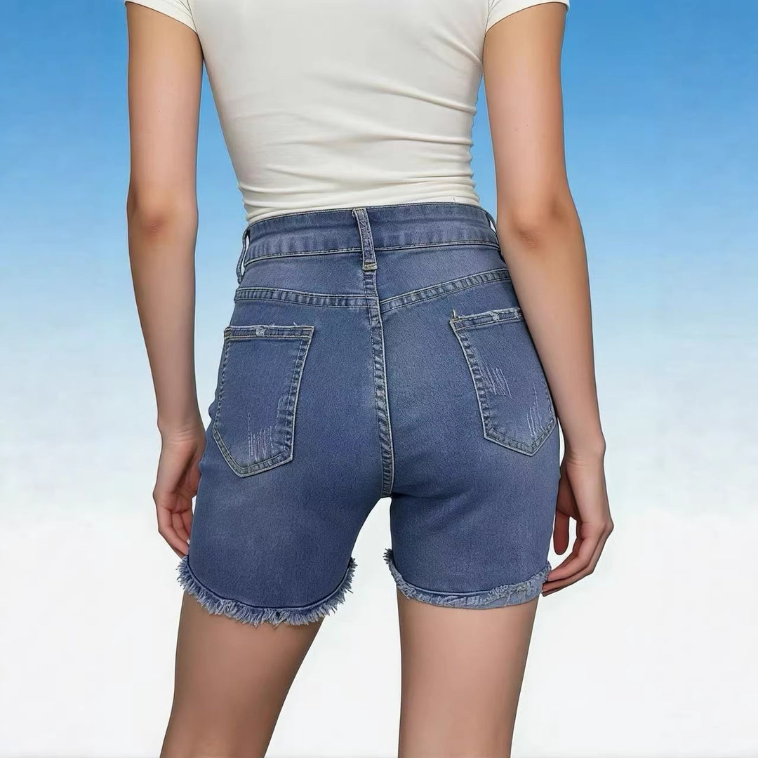 Damen lässige High-Waist Denim-Shorts mit Fransen und modischen Destroyed-Details R&B