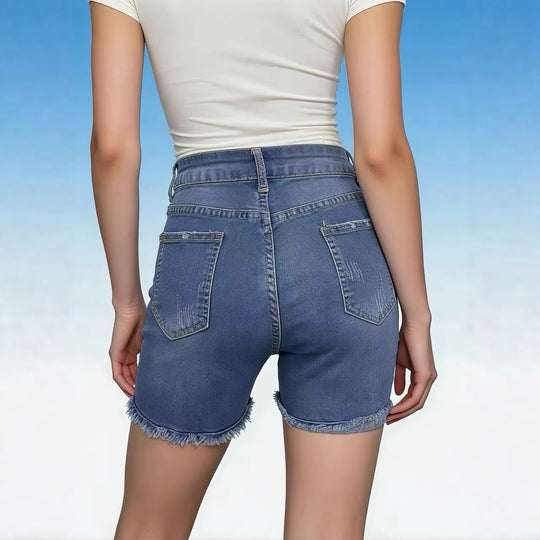 Damen lässige High-Waist Denim-Shorts mit Fransen und modischen Destroyed-Details R&B