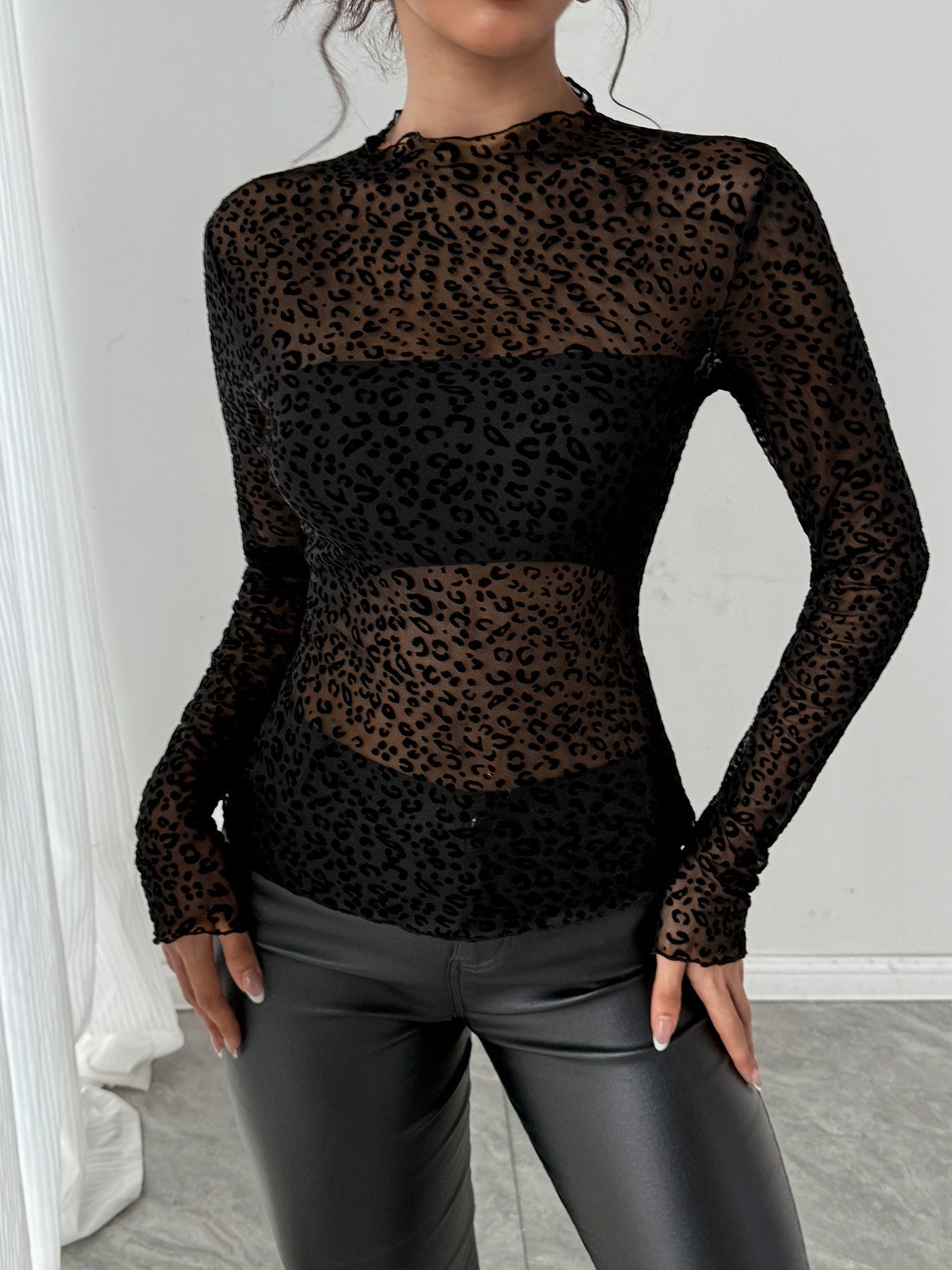 Damen Transparente Langarmbluse mit Leopardenmuster R&B