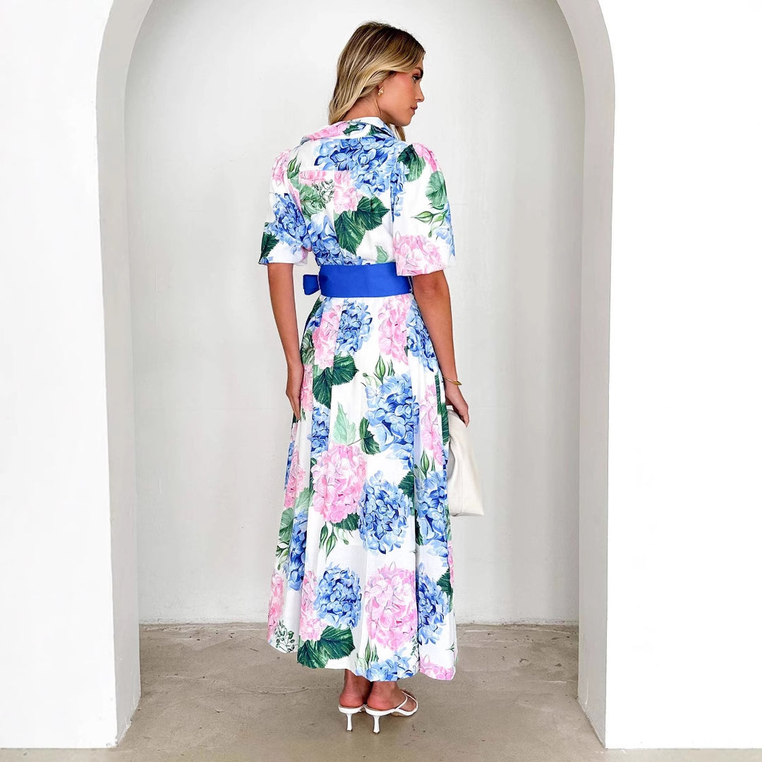 Damen Maxi-Kleid mit Bundfalten und Taillengürtel R&B