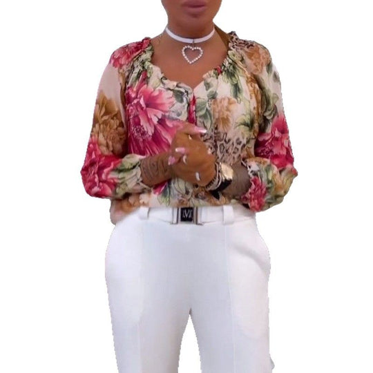 Damen nan leichte Satinbluse mit Animal- und Floralprint, Rüschenkragen, V-Ausschnitt und Manschettenärmeln R&B