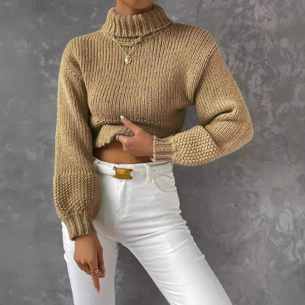 Damen trendiger Pullover mit hoch geschlossenem Kragen und voluminösen Ärmeln R&B