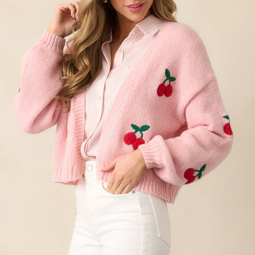 Damen kuschelige Strickjacke mit kirschmotivierten Applikationen R&B