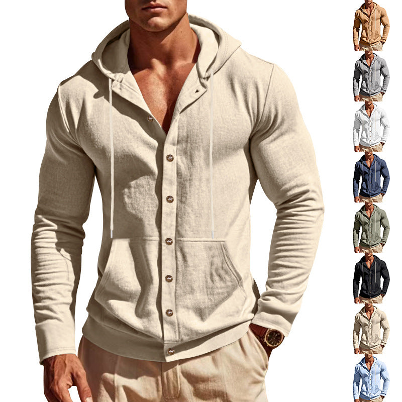 Herren nan sportive Kapuzenjacke mit Knopfverschluss, Kängurutasche und figurbetonter Passform R&B
