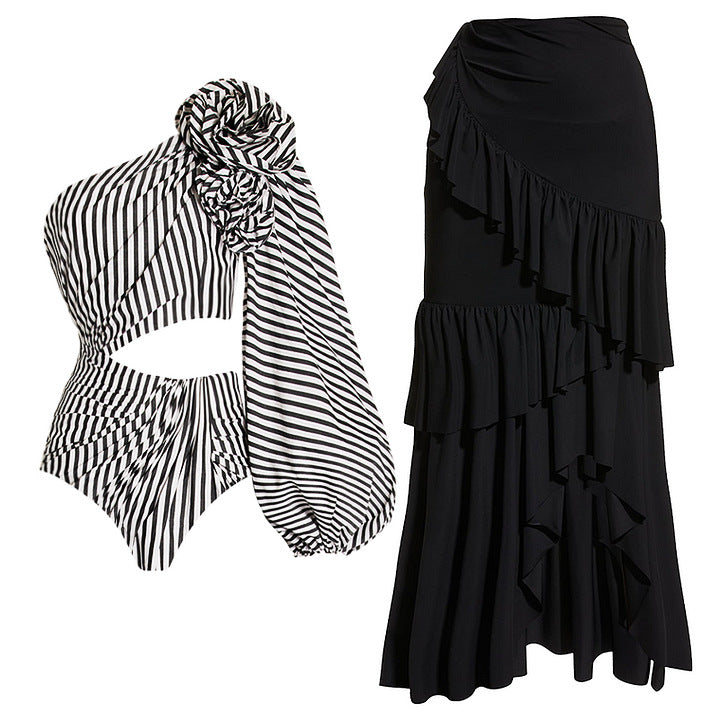 Damen One-Shoulder Badeanzug mit Volantrock R&B