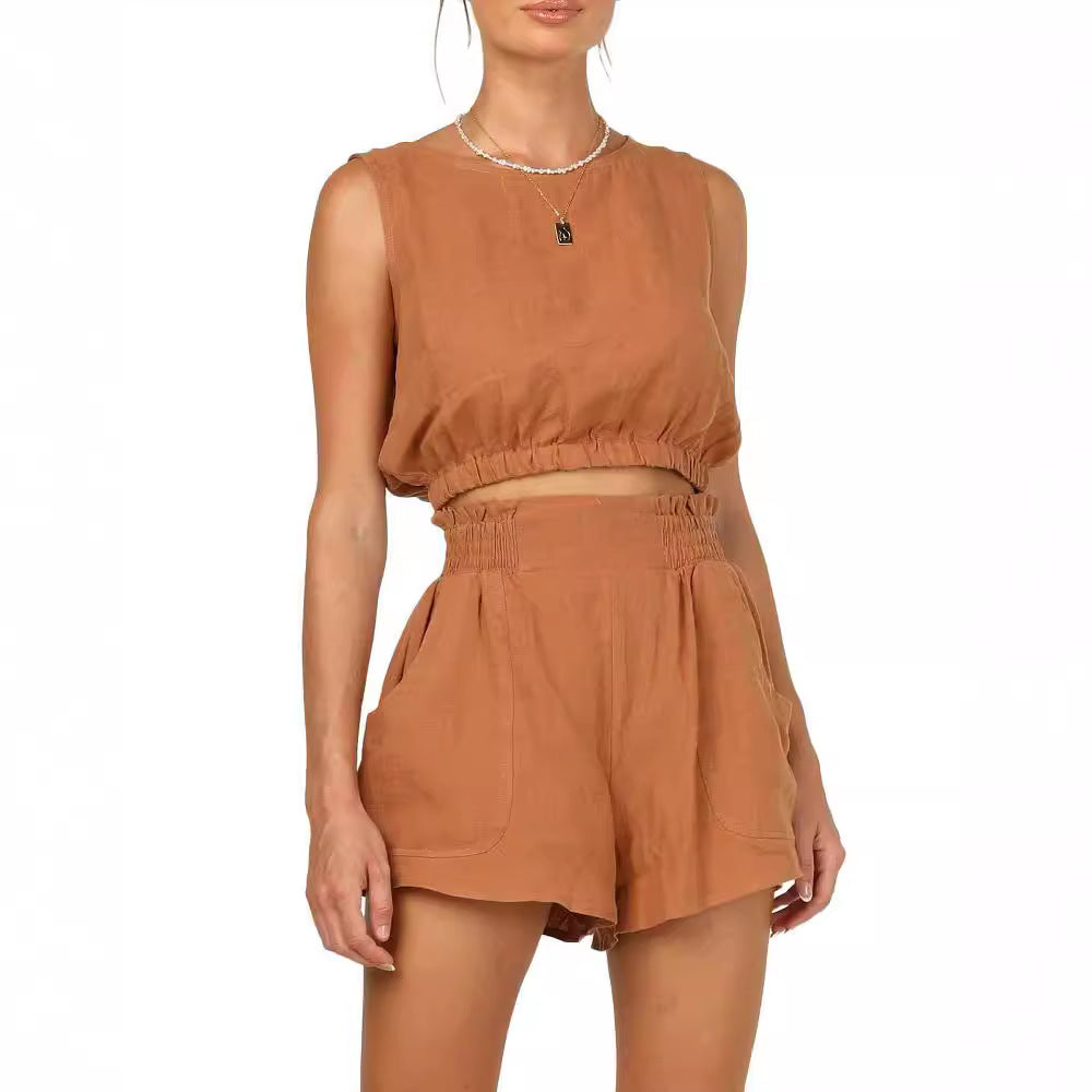 Damen lässiges Set aus topmodernem Oberteil und hohen Shorts R&B