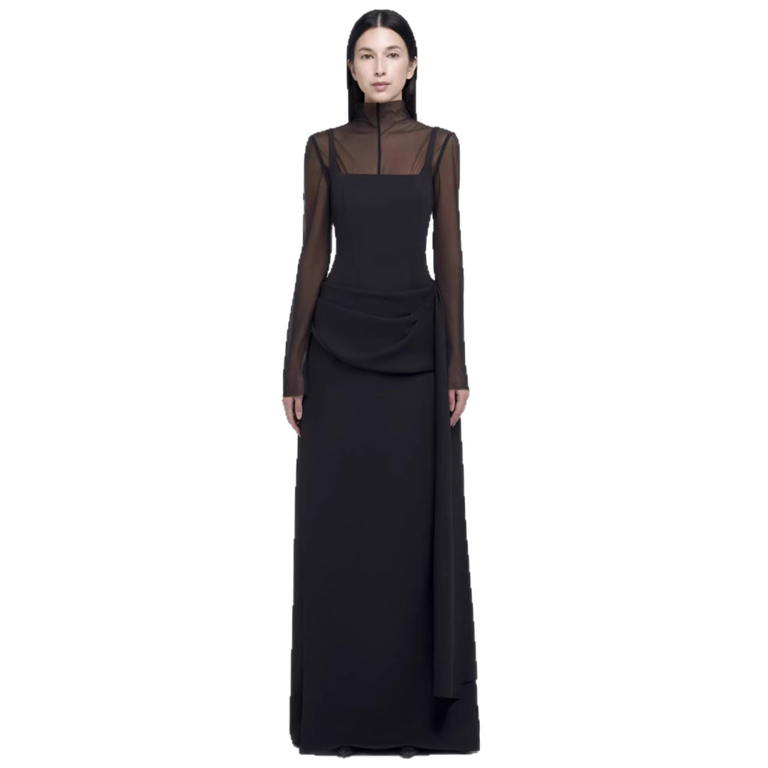 Damen Elegantes Maxikleid mit transparenten Ärmeln und drapiertem Rock R&B