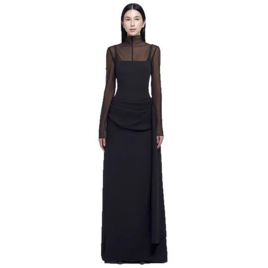 Damen Elegantes Maxikleid mit transparenten Ärmeln und drapiertem Rock R&B