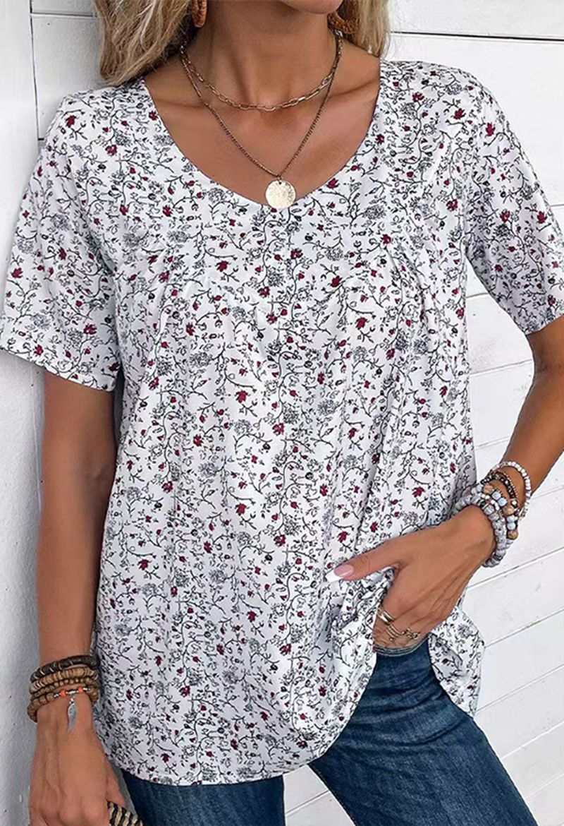 Damen nan lässiges Kurzarm-Tunika-Shirt mit Rundhalsausschnitt, zartem Blumenallover und dekorativen Brustfalten R&B