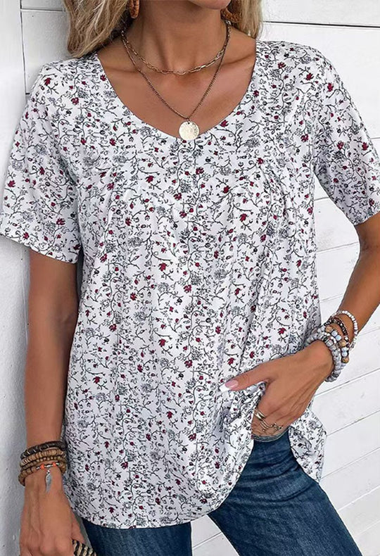 Damen nan locker geschnittene Kurzarmbluse mit V-Ausschnitt, feinem Blumenprint und Kellerfalte R&B