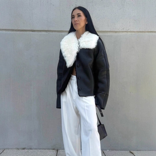 Damen luxuriöse Kunstlederjacke mit weichem Pelzkragen R&B