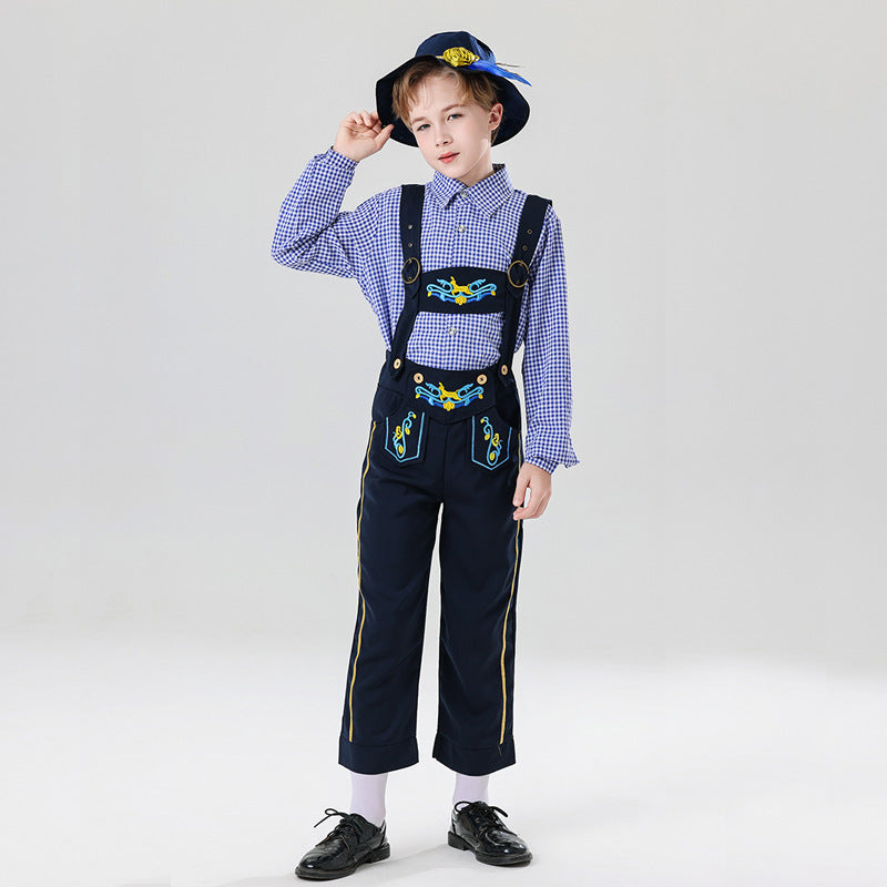Herren nan bestickte Kindertracht Latzhose mit verstellbaren Hosenträgern und Kontrastnähten R&B