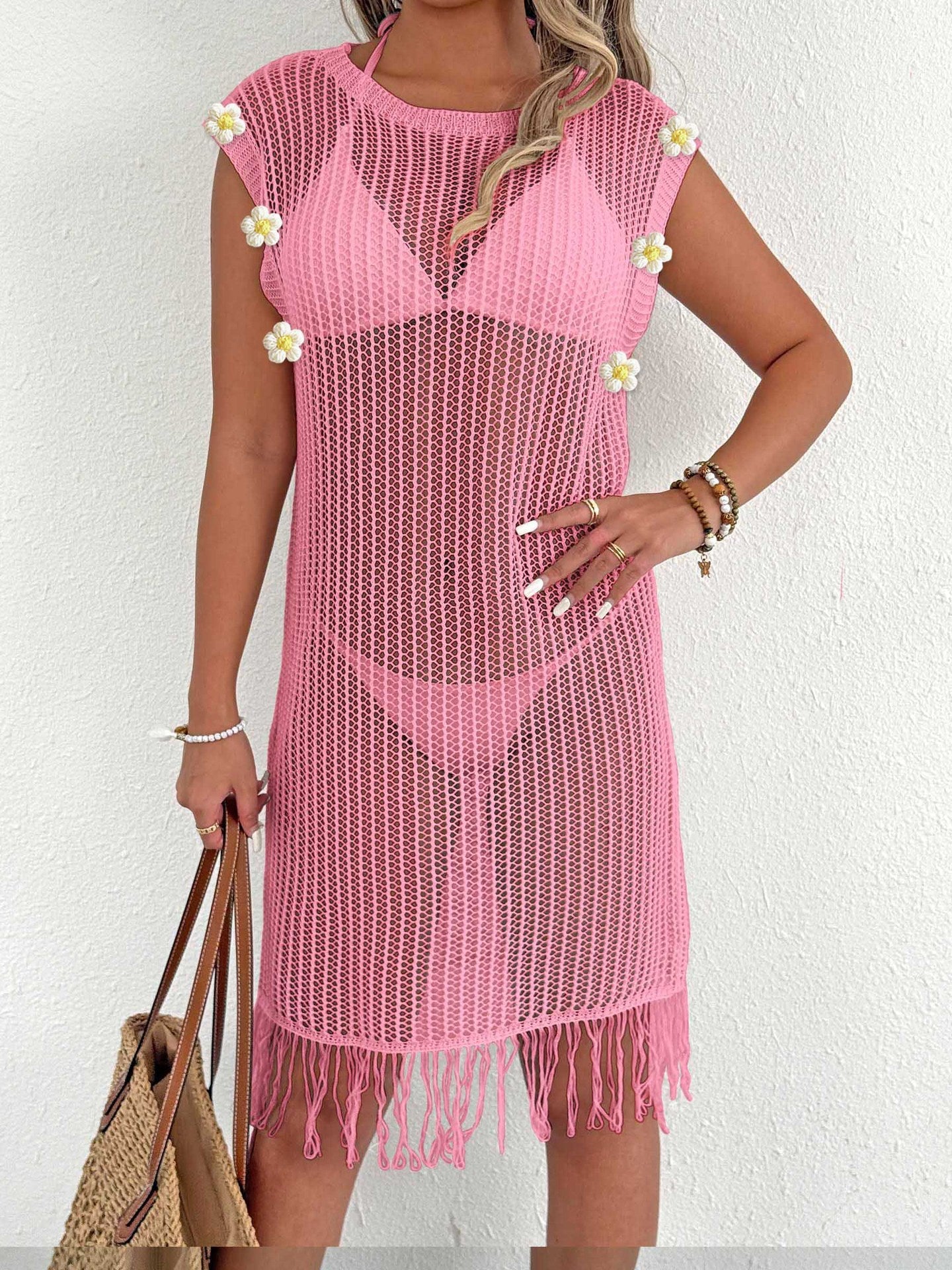 Damen luftiger Netzstrandkleid mit Fransen R&B