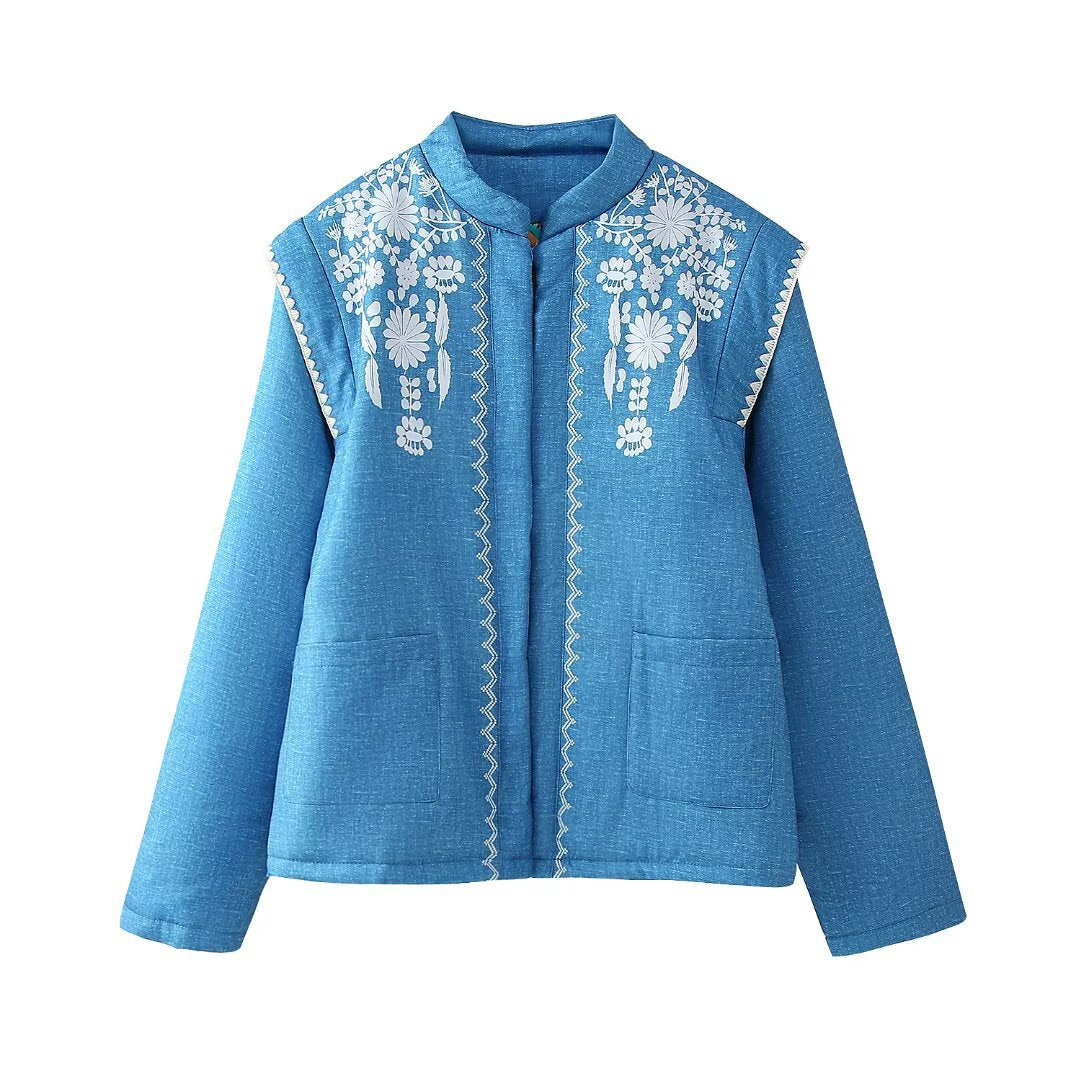 Damen bestickte Blousonjacke mit leichtem Baumwollmaterial und praktischen Taschen