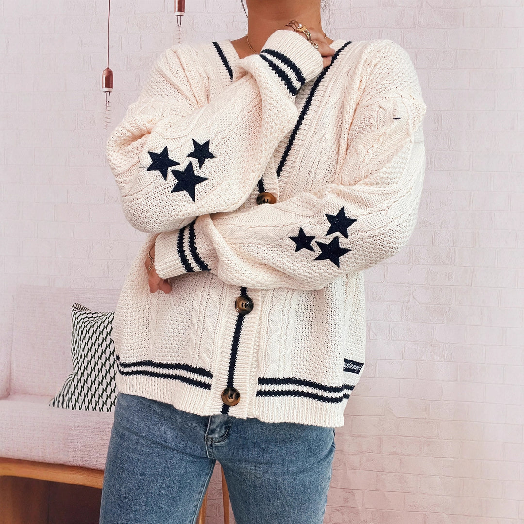 Damen gemütliche Strickjacke mit Sternen-Applikationen und modernen Details R&B