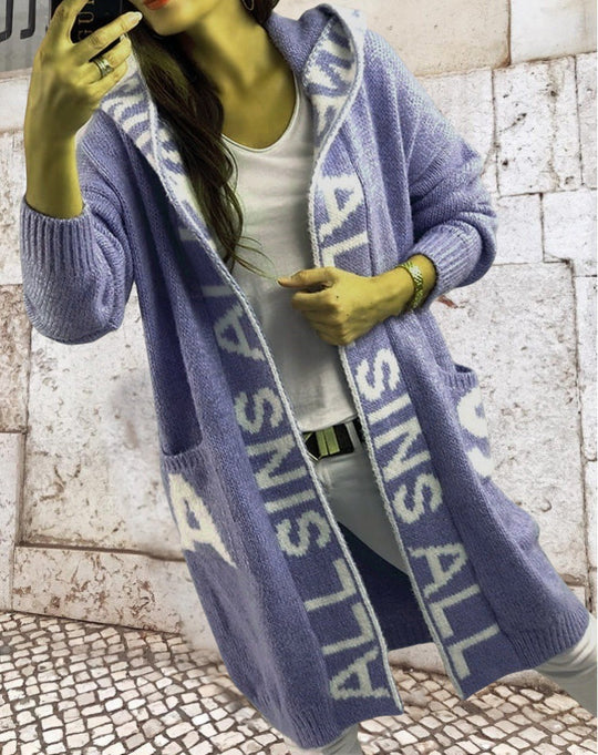 Damen Langarm-Strickcardigan mit Kapuze und praktischen Taschen R&B