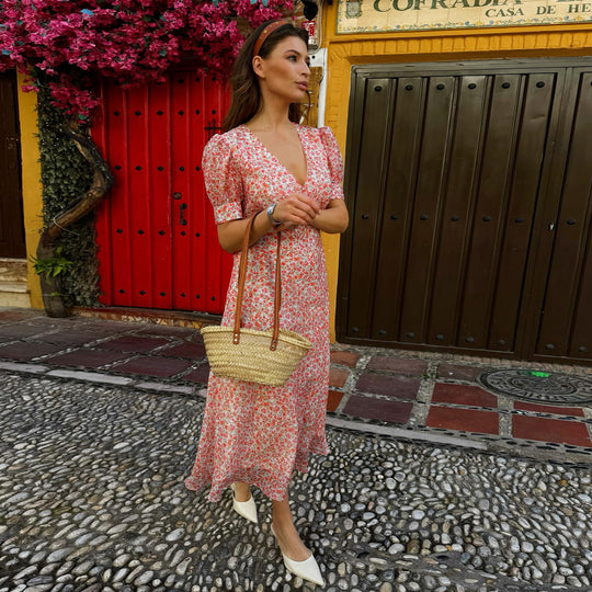 Damen Maxikleid mit süßem floralem Muster und puffärmeligem Schnitt R&B