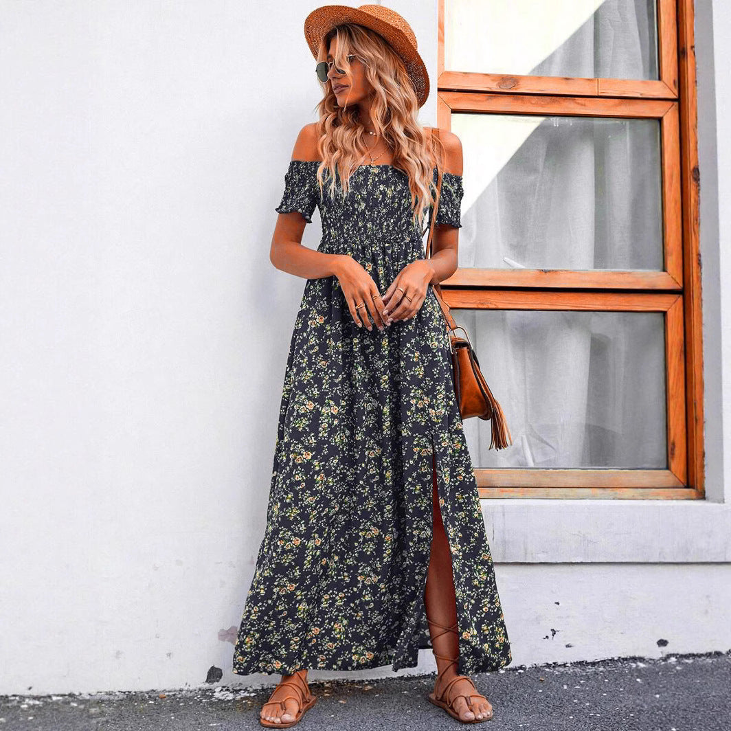 Damen luftiges Maxikleid mit schulterfreien Ärmeln und floralem Muster R&B
