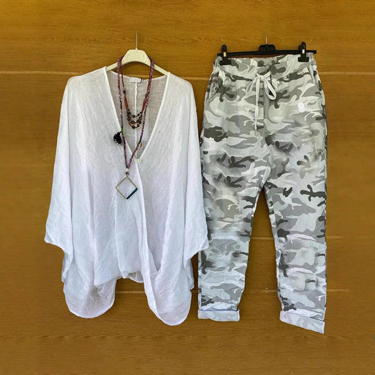 Damen nan Zweiteiler aus fließendem Kimono-Top und Camouflage-Jogginghose R&B