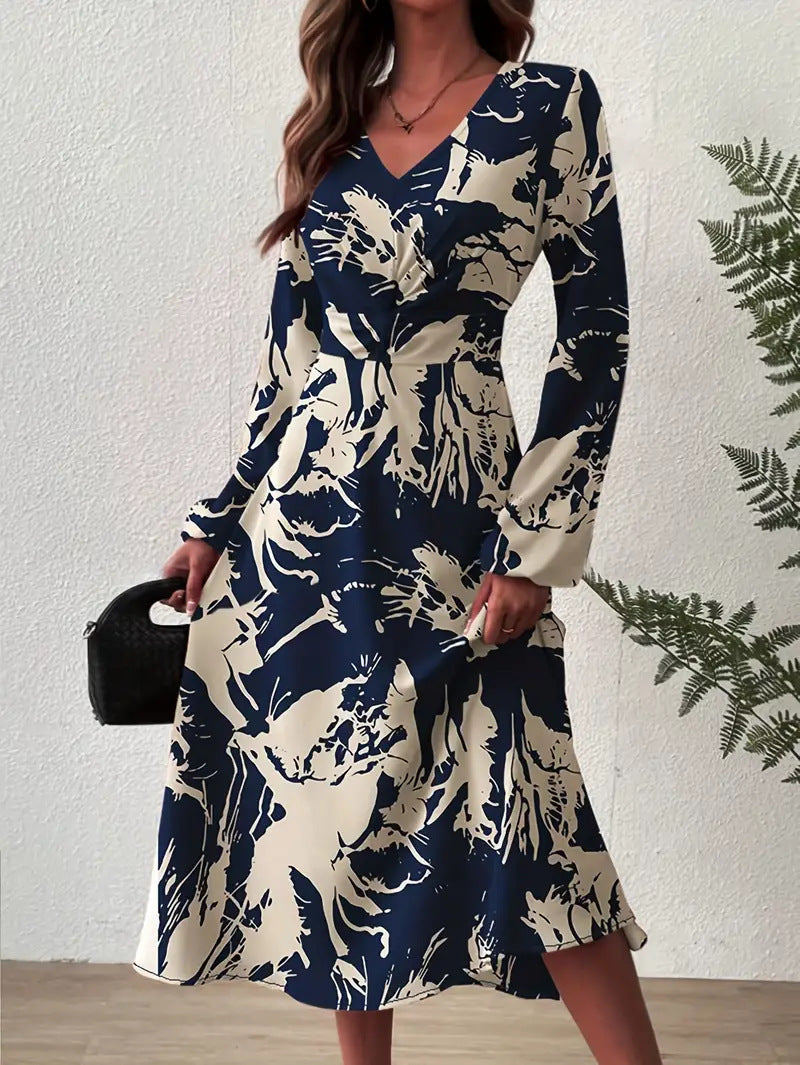 Damen Midi-Kleid mit floralen Details und schickem V-Ausschnitt R&B