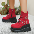 Damen Wedge-Stiefel mit modischen Schnallen und robustem Plateau R&B