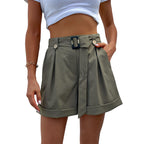 Damen elegante Bundfalten-Shorts mit Gürtel R&B