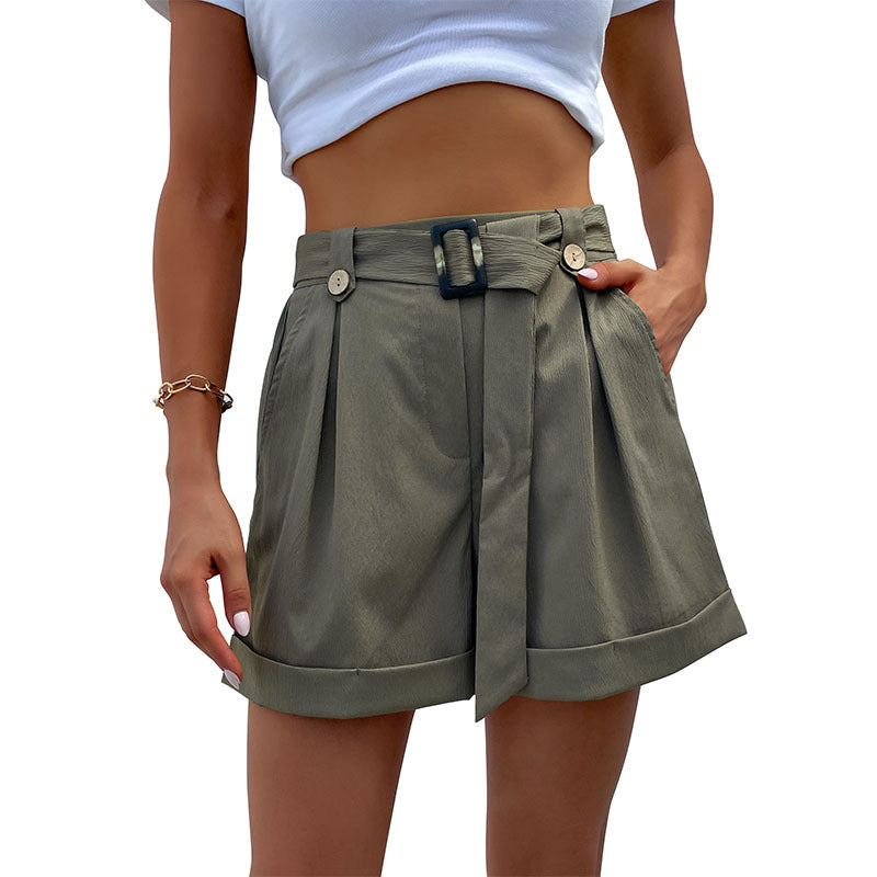 Damen elegante Bundfalten-Shorts mit Gürtel R&B